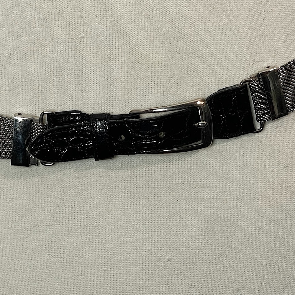 Vintage 80s Silver Scalloped Edge Woven Metal Belt Black Leather & Silver Buckle - Picture 6 of 8